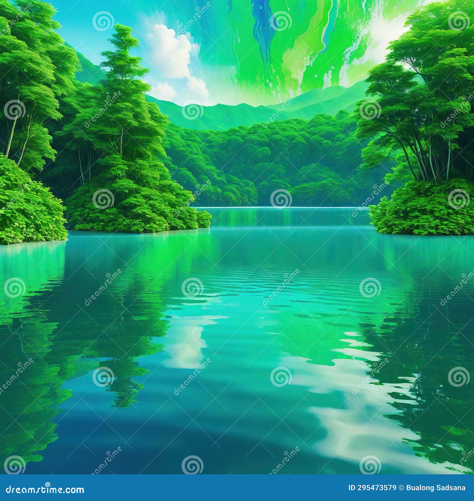 ai generated  wildlife concept of a digital artwork featuring a serene lake surrounded by lush